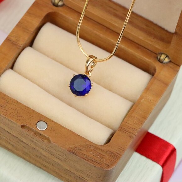 "Royal Blue Round Pendant in Gold Finish for Elegant Everyday Style, XPPT1677 - Picture 12 of 13